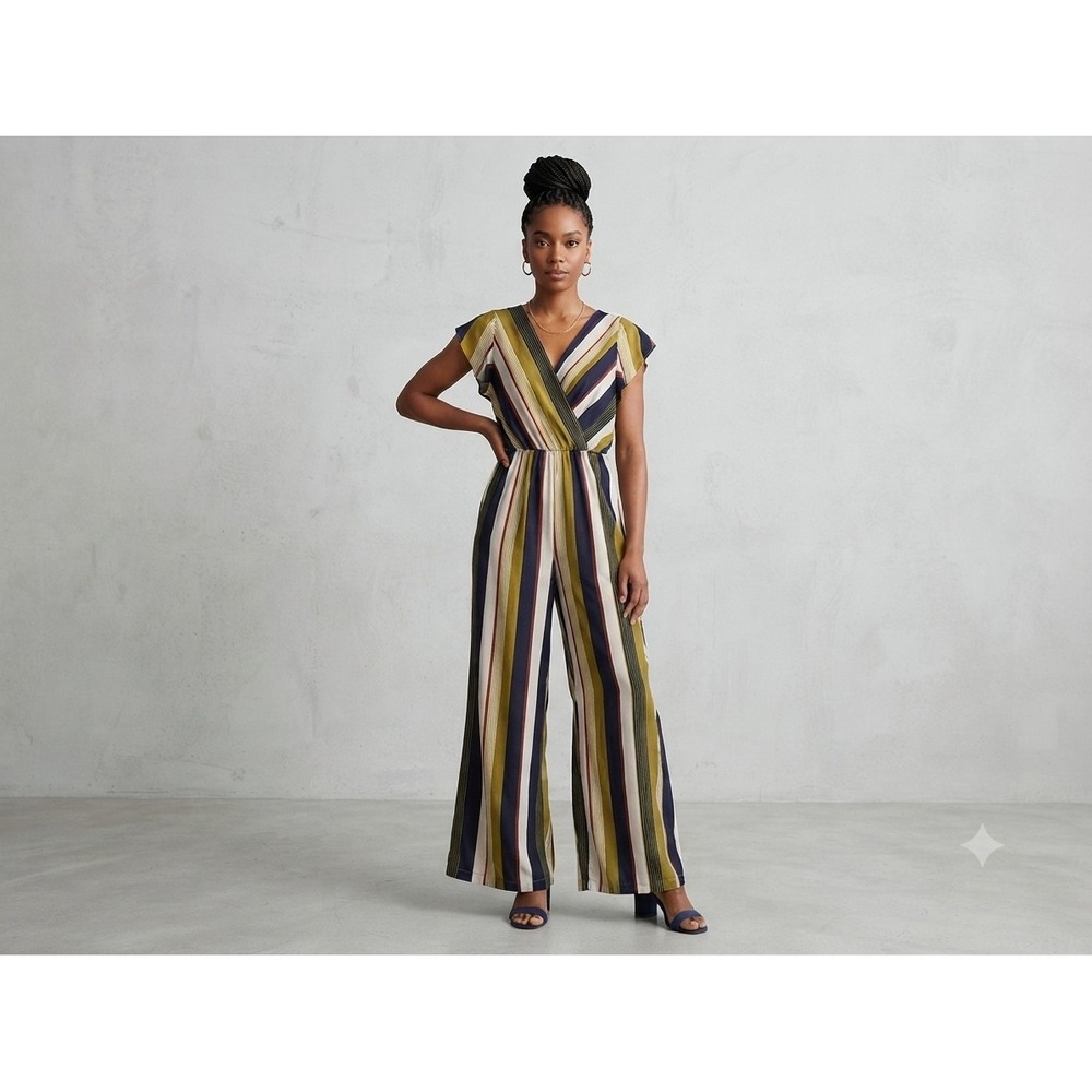 Umgee USA Striped Wide Leg Jumpsuit Womens Large NWT Flutter Sleeve V-Neck Multi